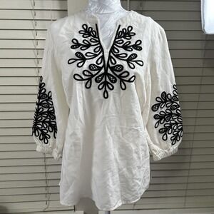 Talbots Embroidered Tunic Top Women's Small Petite 3/4 Sleeve Linen Blend Resort